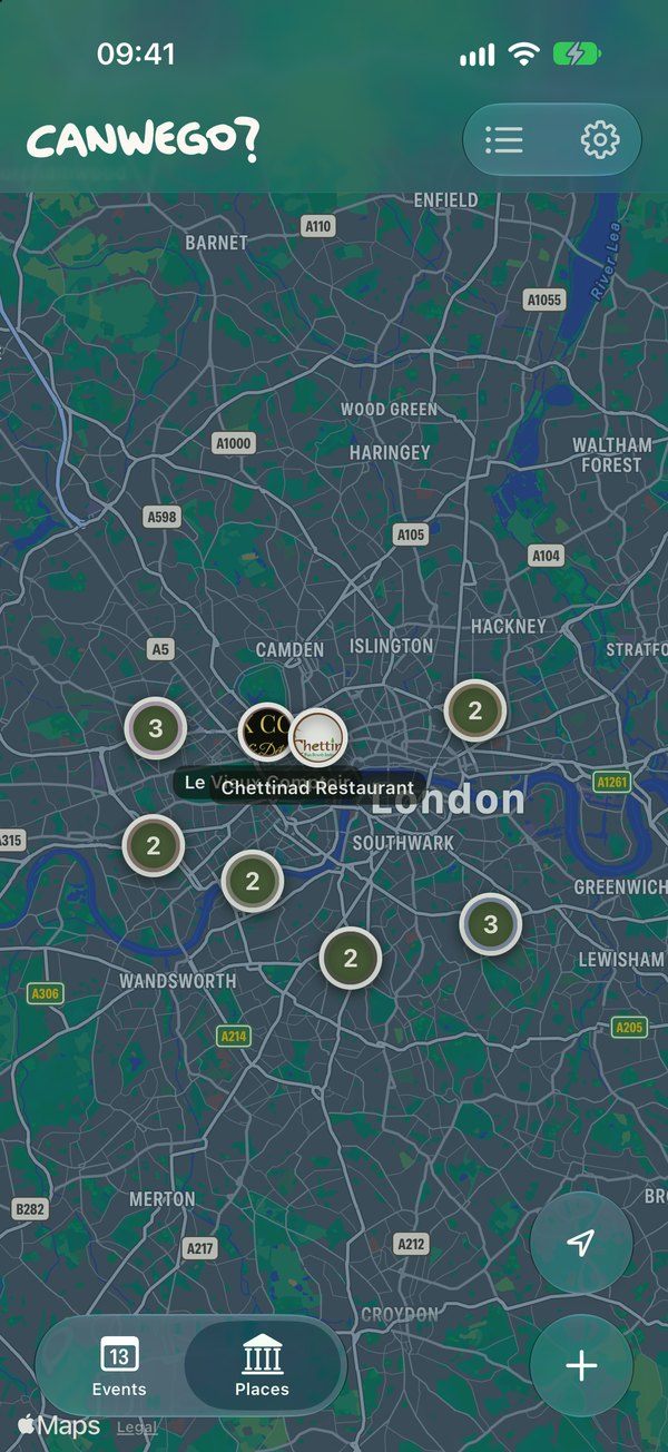 Saved places on a map of London